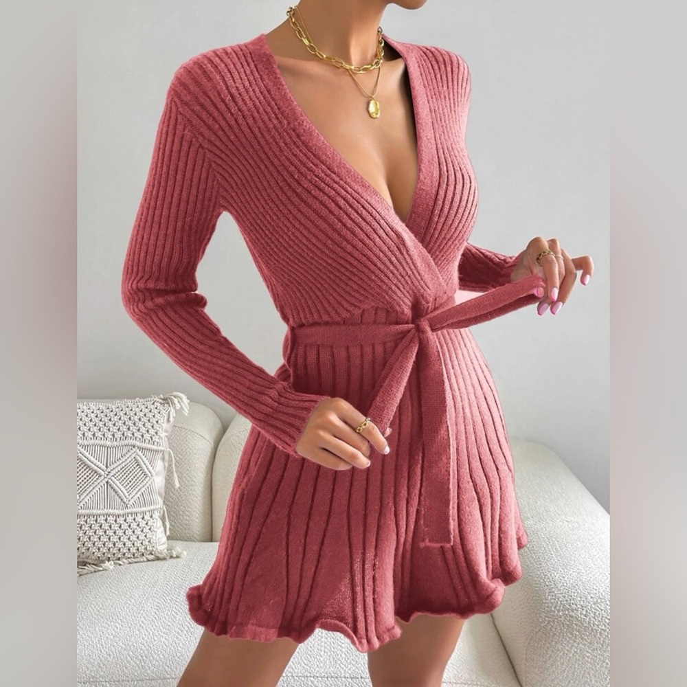 Women’s Belted Sweater Dress - Watermelon Pink 🍉